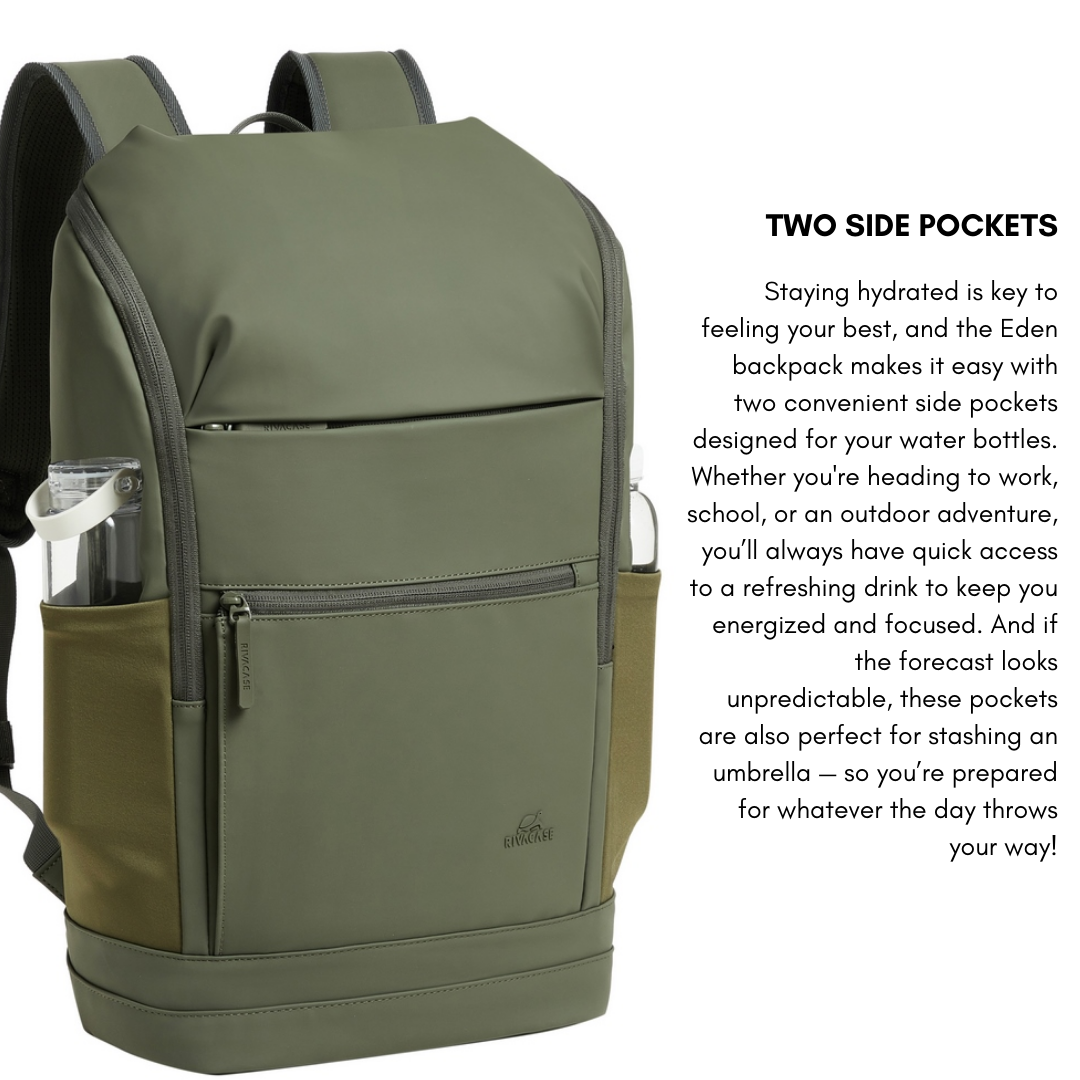 Side profile of the Rivacase Eden 7856 showing bottle holder pocket and slim silhouette.”