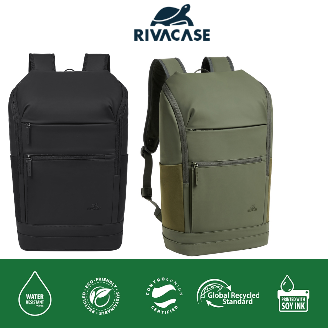 Front view of Rivacase Eden 7856 Olive Green ECO Urban Backpack with dual zippered pockets and sleek waterproof finish