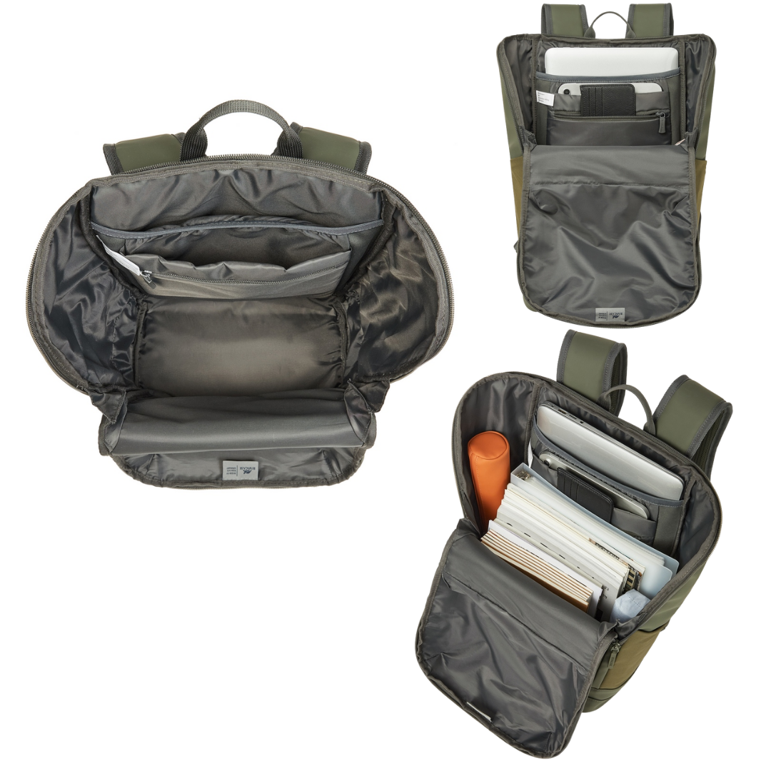 Inside view of the Rivacase Eden 7856 backpack with padded laptop sleeve, tablet pocket, and spacious main compartment.