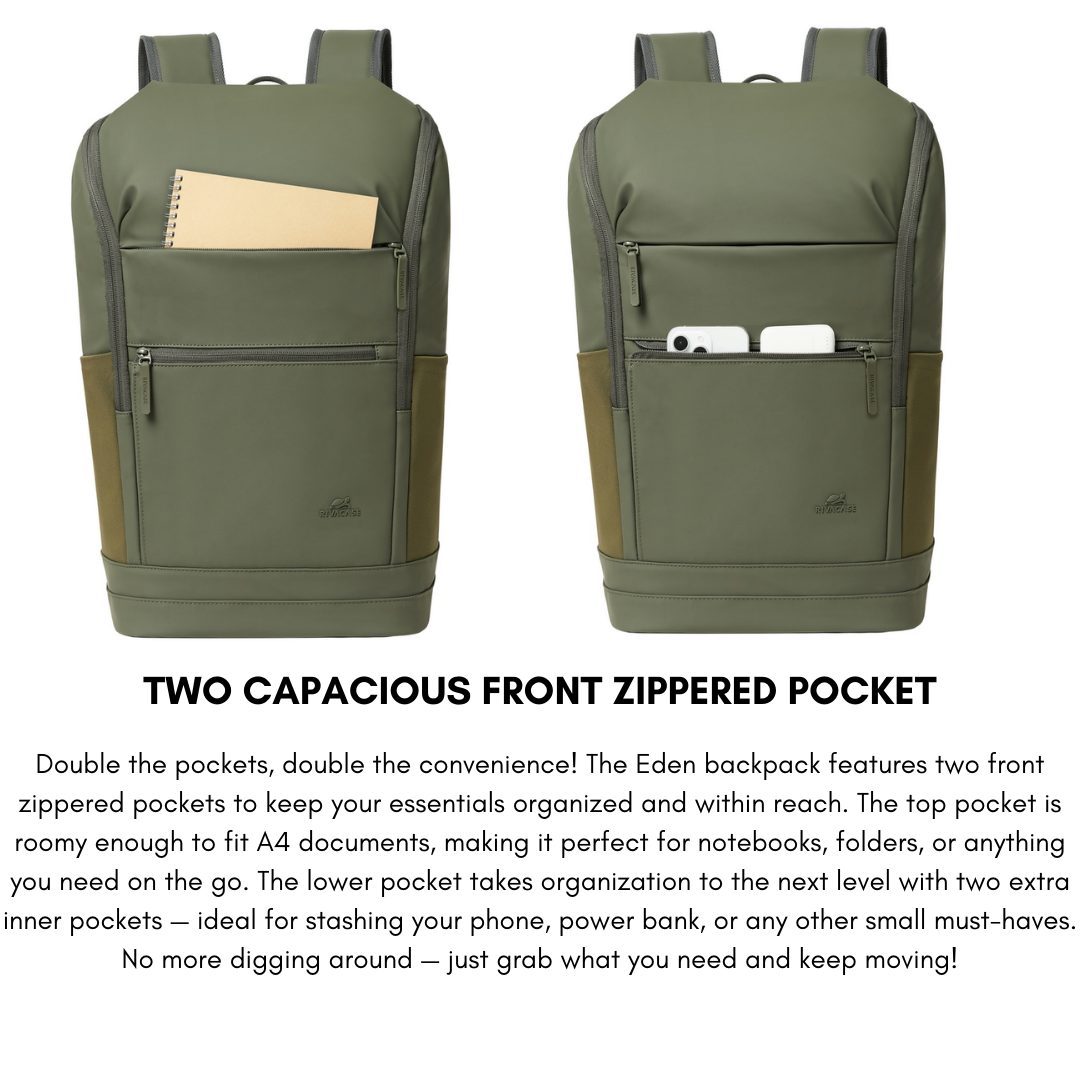 Front view of Rivacase Eden 7856 Olive Green ECO Urban Backpack showing zippered pockets and sleek design.