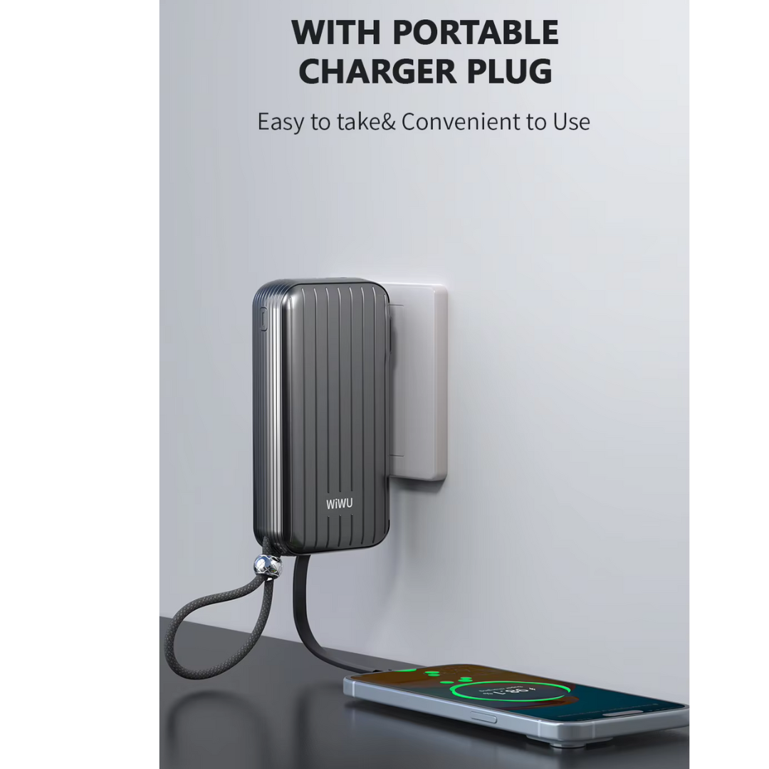 WiWU Trunk P030 10000mAh Power Bank Portable, Universal Plug, Built-in Cables, CCC Certified