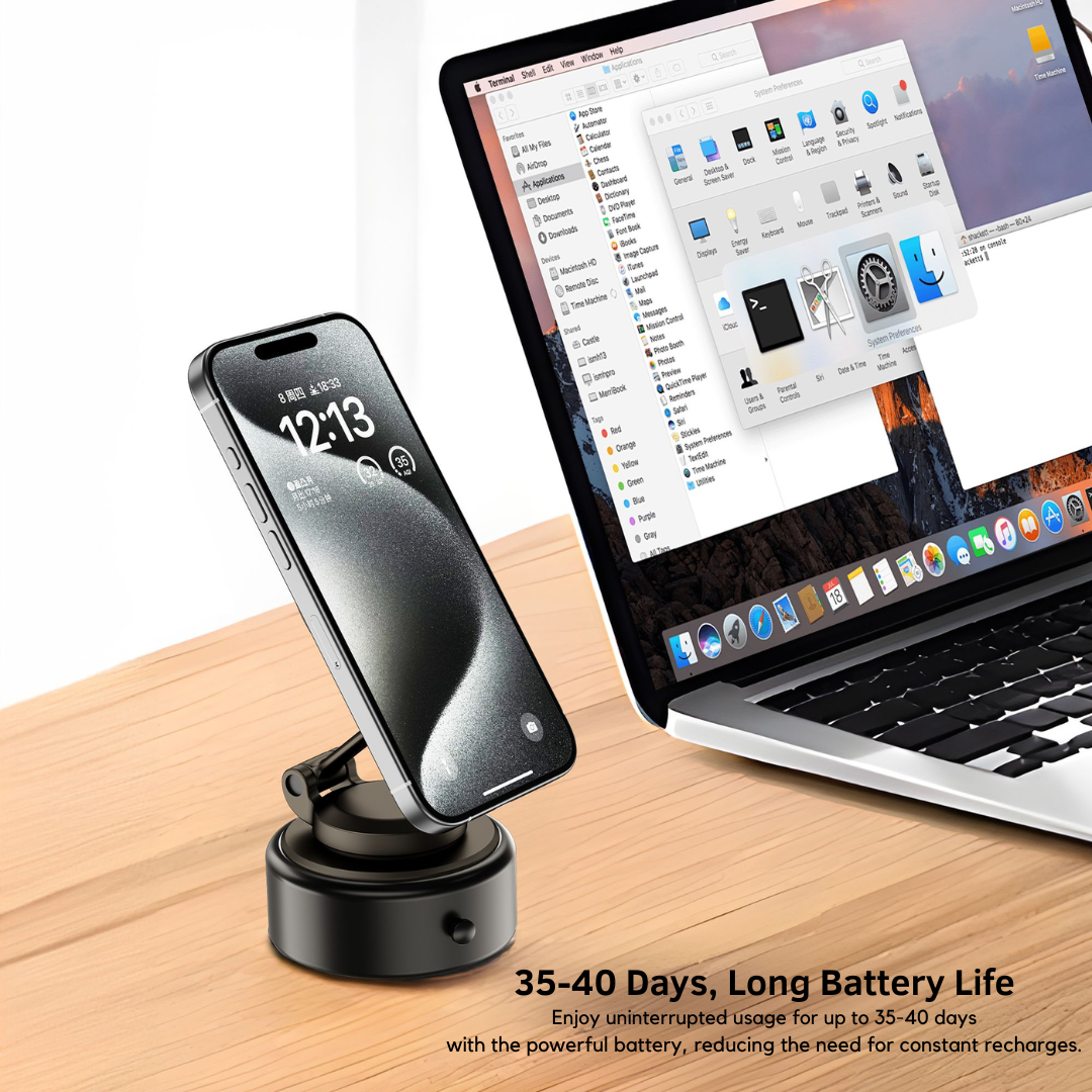 WiWU Octopus Wi-CH056 magnetic phone holder placed next to a laptop, highlighting its compact design and versatile use for hands-free smartphone viewing at work or home.