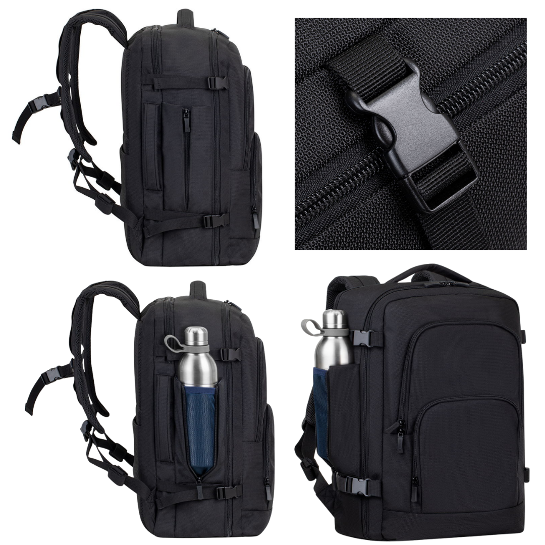 RIVACASE 8461 black backpack side view showing bottle pocket and sleek profile