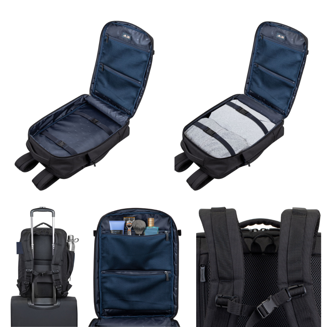 Main compartment with cross straps and mesh pockets – RIVACASE ECO backpack for travel