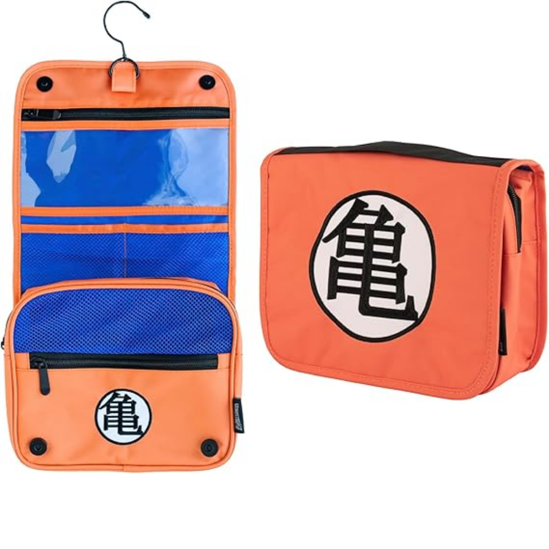 Dragon Ball Z Kame Toiletry Organizer Bag – Orange foldable travel storage pouch with Goku’s symbol, built-in hook, mesh pockets & zippered compartments.