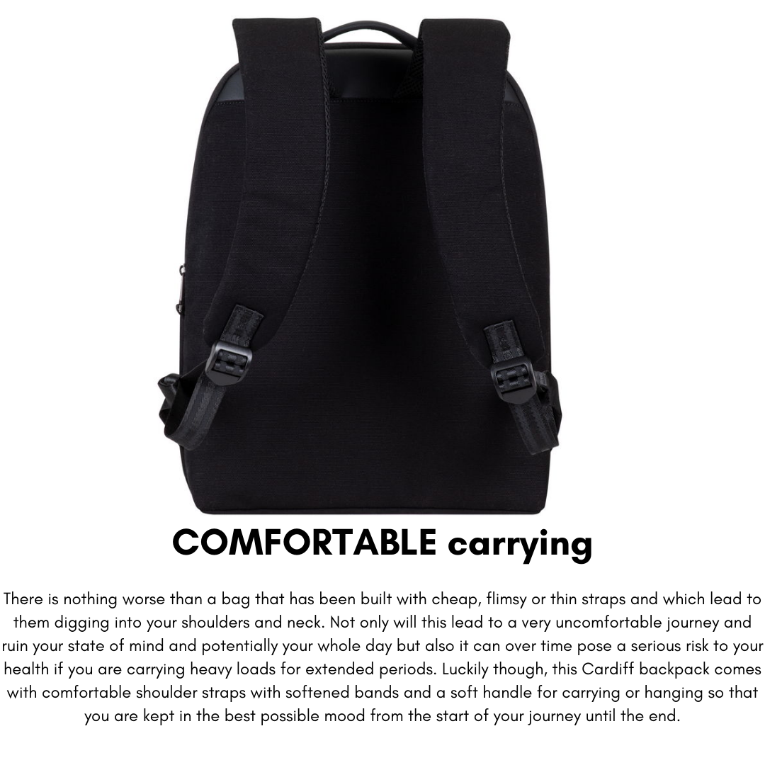 Back view highlighting ergonomic shoulder straps and strap management system