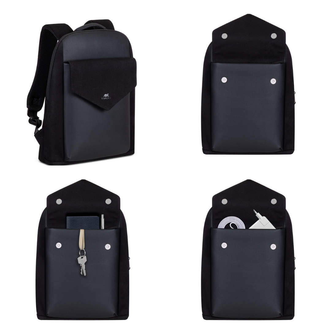 Front view of Rivacase Cardiff 8524 black canvas backpack with anti-theft zipper and elegant faux leather details