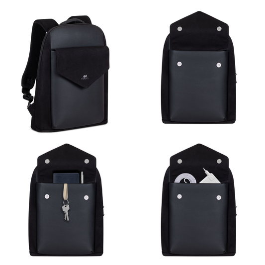 Front view of Rivacase Cardiff 8524 black canvas backpack with anti-theft zipper and elegant faux leather details