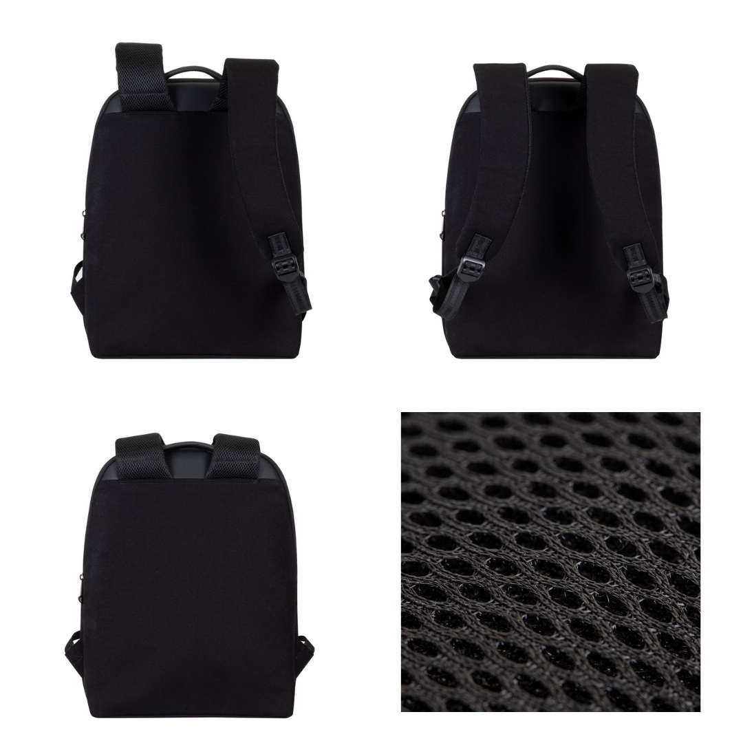 Back view highlighting ergonomic shoulder straps and strap management system