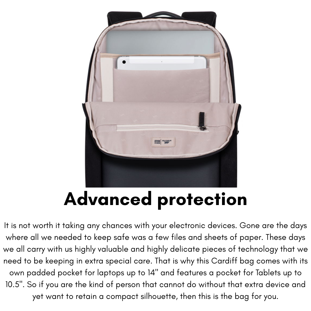Interior view showcasing 14" laptop compartment and padded tablet pocket