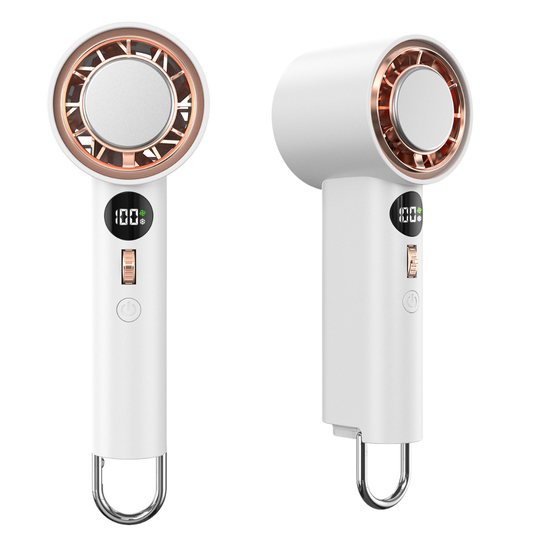 WiWU bladeless handheld fan in white with rose gold accents, featuring a digital display, adjustable speed control, power button, and a built-in metal carabiner for easy carrying. Two views shown: front and side.