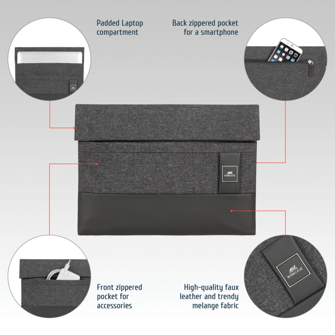 Soft inner lining and faux leather trim – RIVACASE Lantau sleeve