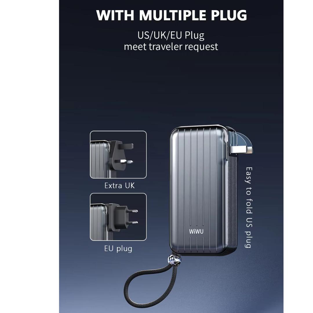 WiWU Trunk P030 10000mAh Power Bank Portable, Universal Plug, Built-in Cables, CCC Certified