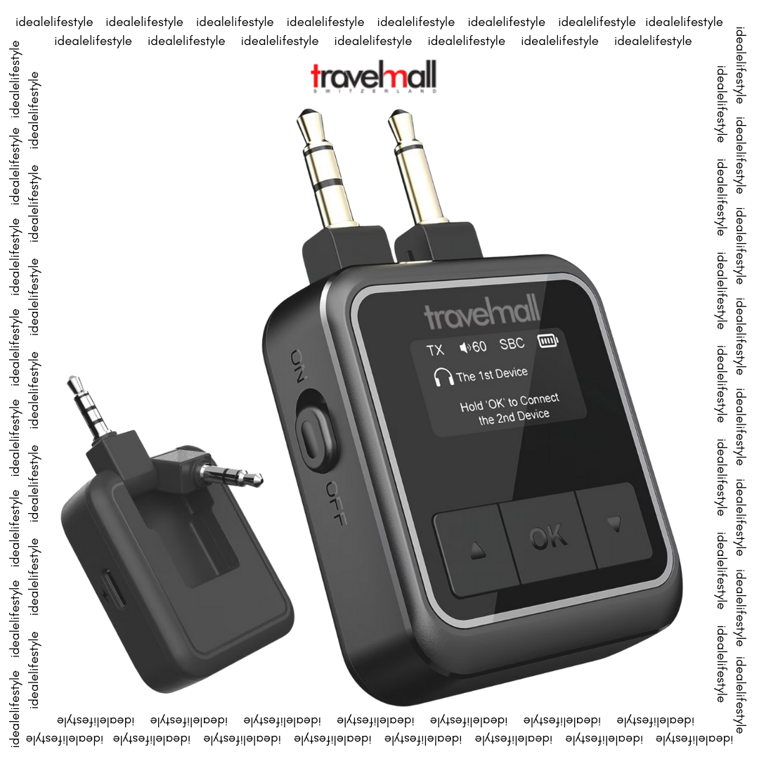 Travelmall 2-in-1 Premium Pro In-Flight Bluetooth Audio Adapter with 3.5mm dual jack, USB-C charging, 14-hour battery life, and dual Bluetooth headphone support.