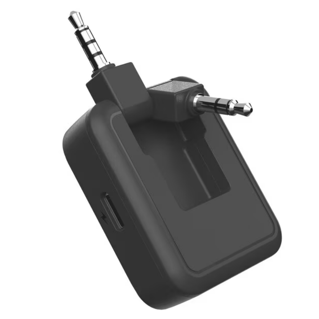 Travelmall 2-in-1 Premium Pro In-Flight Bluetooth Audio Adapter with 3.5mm dual jack, USB-C charging, 14-hour battery life, and dual Bluetooth headphone support.