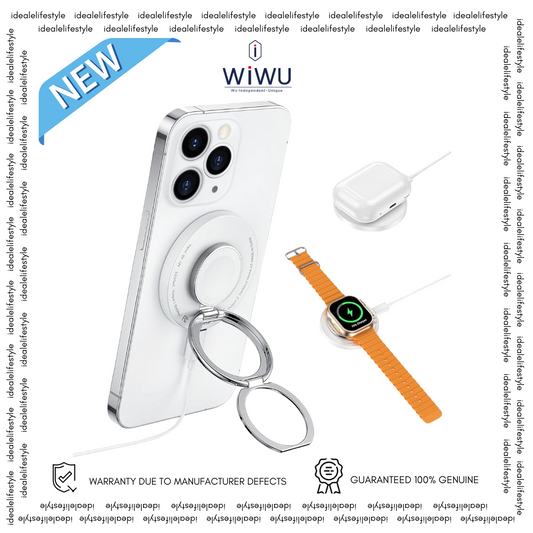 WiWU magnetic wireless charger with ring stand attached to a white iPhone, shown charging an Apple Watch and AirPods, highlighting compatibility with multiple devices, warranty for manufacturer defects, and 100% genuine guarantee.