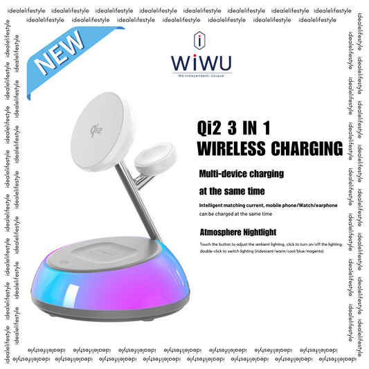 WiWU Qi2 3-in-1 wireless charging station with multi-device charging for phone, watch, and earphones, featuring ambient nightlight and iridescent base. Ideal for fast, convenient charging at home or office.