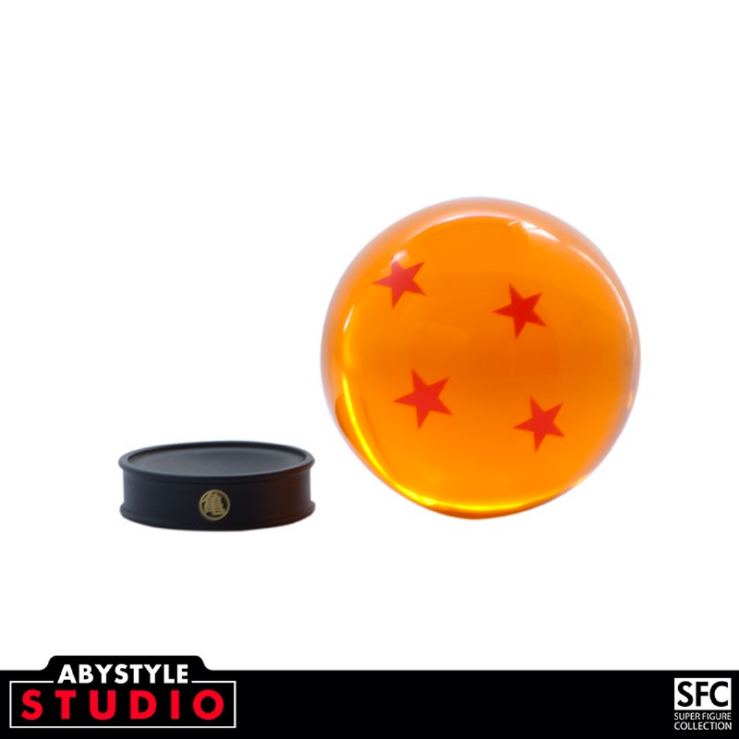 ABYstyle Dragon Ball Z 4 stars Dragon Ball acrylic replica with red stars, shown next to a black display stand, official collectible anime merchandise.