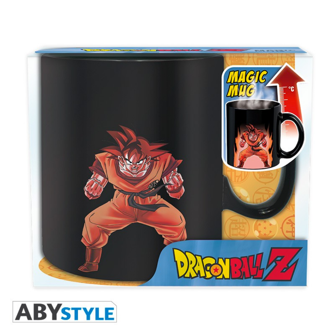 ABYstyle Dragon Ball Z heat change magic mug featuring Goku in fighting stance, shown in retail packaging with Dragon Ball Z logo, reveals glowing energy aura when hot liquid is added.