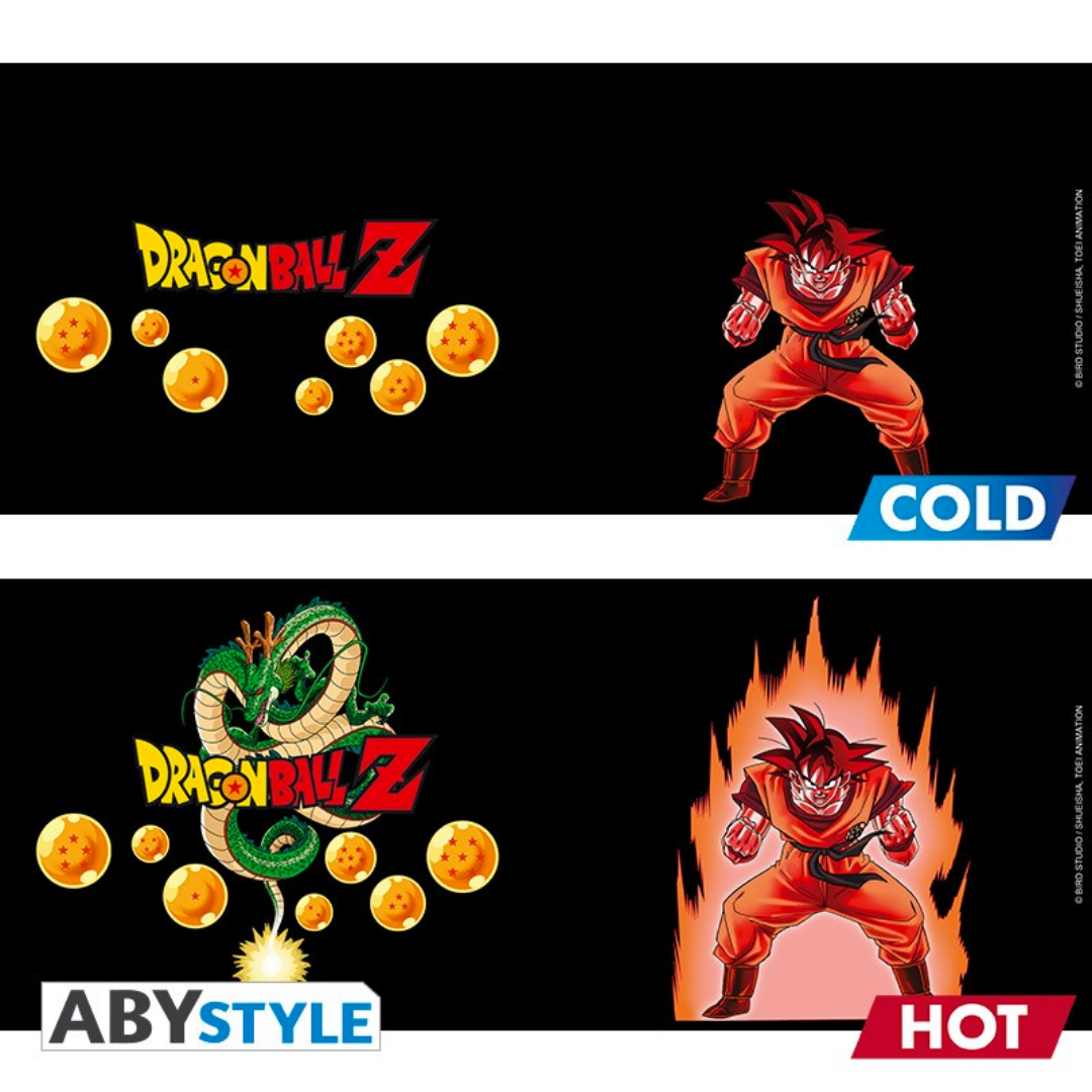 Comparison image of ABYstyle Dragon Ball Z heat change mug showing cold effect with Dragon Ball Z logo, Dragon Balls, and Goku, and hot effect revealing Shenron dragon, glowing energy aura around Goku, and enhanced logo with Dragon Balls.