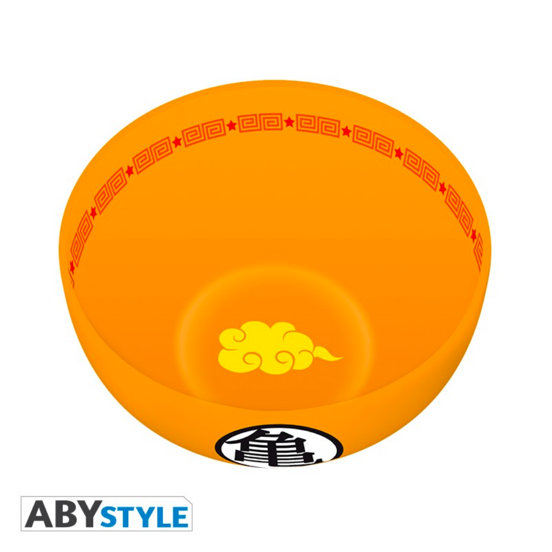 ABYstyle Dragon Ball Z orange stoneware bowl featuring Goku’s kanji symbol on the outside, yellow Flying Nimbus cloud at the bottom, and red geometric star pattern along the inner rim, 600ml capacity, official anime merchandise.