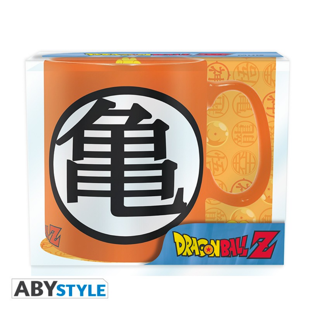 Dragon Ball Z ABYstyle orange mug with large black Kame kanji symbol, official anime merchandise in branded packaging, perfect for fans and collectors.