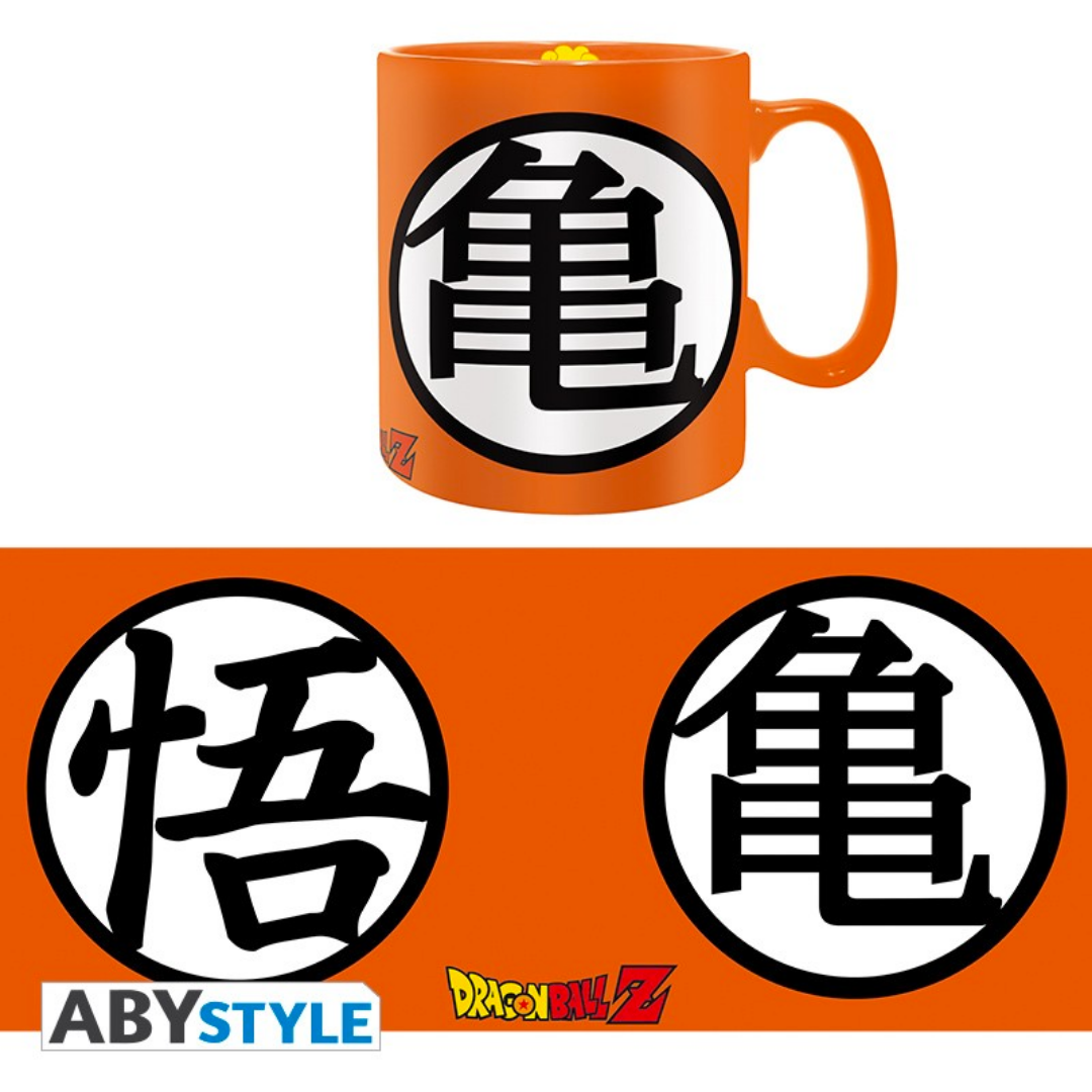 Dragon Ball Z ABYstyle orange mug featuring large black “Kame” and “Go” kanji symbols from Goku’s outfit, official anime merchandise with Dragon Ball Z and ABYstyle logos.