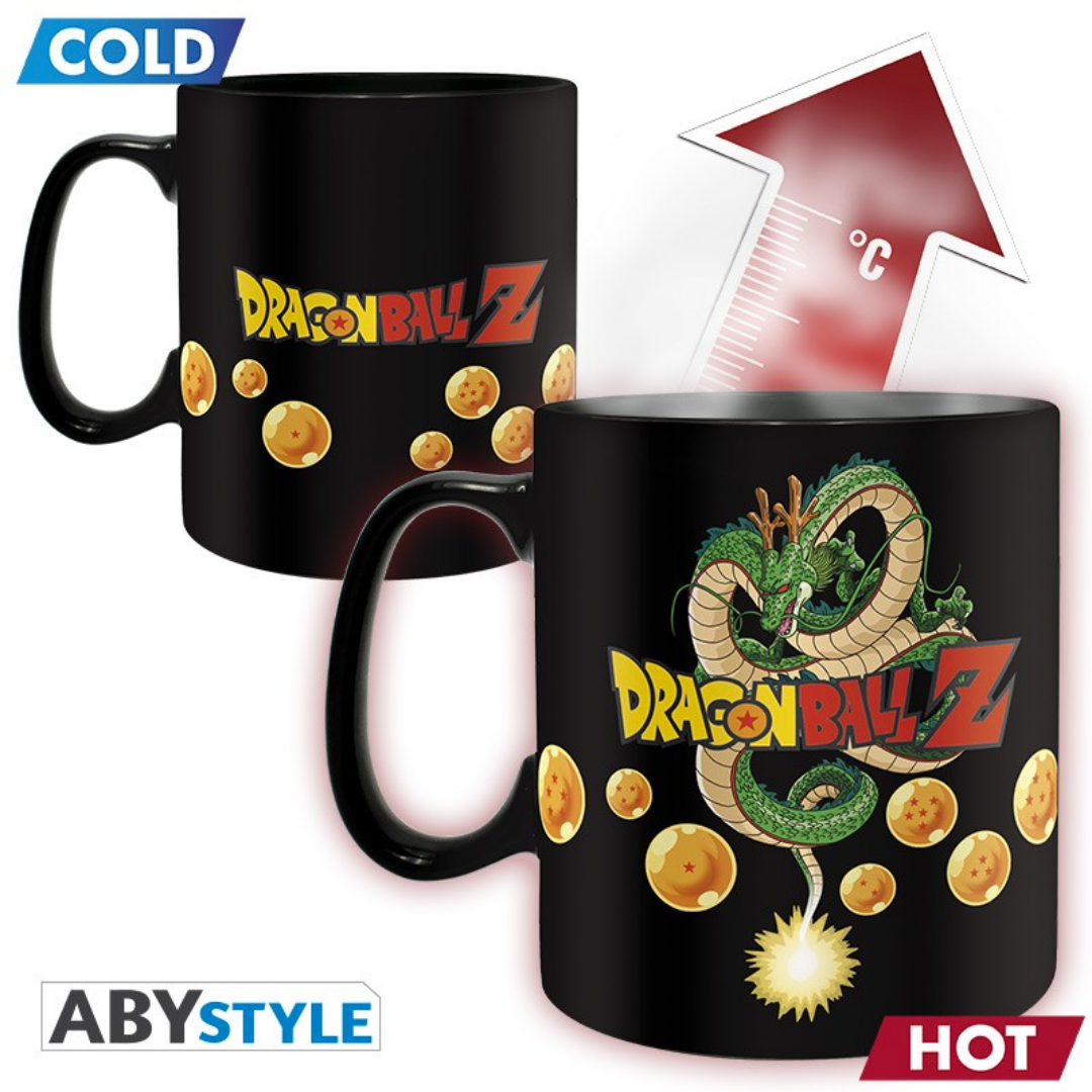 ABYstyle Dragon Ball Z heat change mug showing Dragon Ball Z logo and Dragon Balls when cold, transforming to reveal Shenron dragon with logo and Dragon Balls when hot liquid is added.