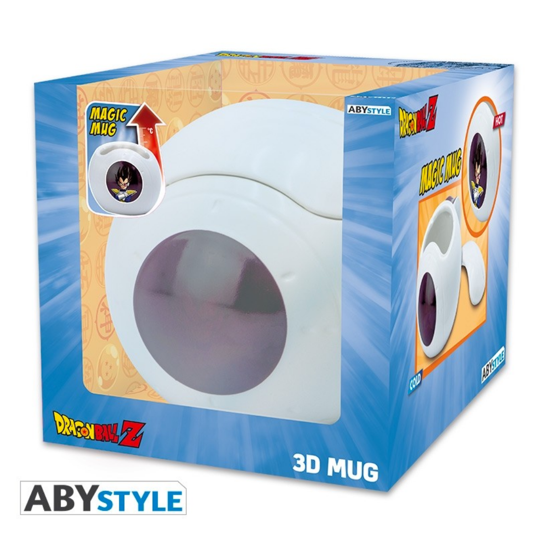 Retail packaging of ABYstyle Dragon Ball Z 3D ceramic mug shaped like Vegeta’s Saiyan space pod, featuring heat-sensitive magic mug effect that reveals Vegeta character.