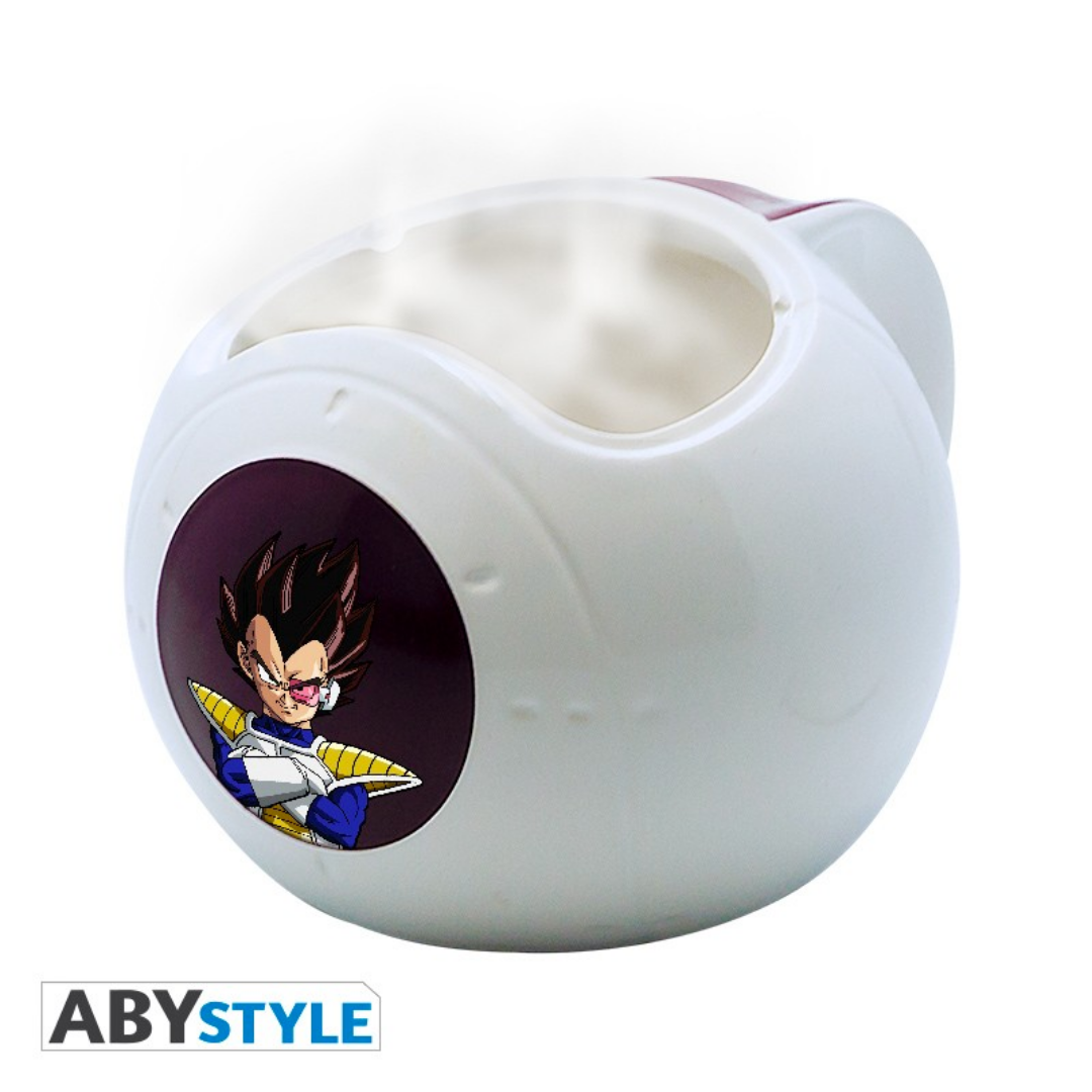 ABYstyle Dragon Ball Z 3D ceramic mug shaped like Vegeta’s Saiyan space pod, featuring Vegeta artwork that appears with hot liquid, official anime merchandise.