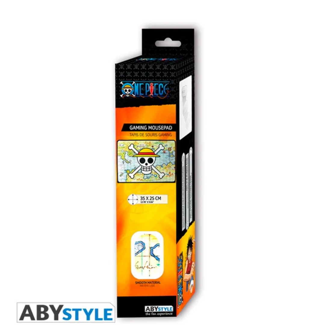 One Piece ABYstyle gaming mousepad packaging featuring Straw Hat Pirates jolly roger logo on Grand Line map design, 35x25 cm size, smooth material, official anime merchandise for fans and gamers.