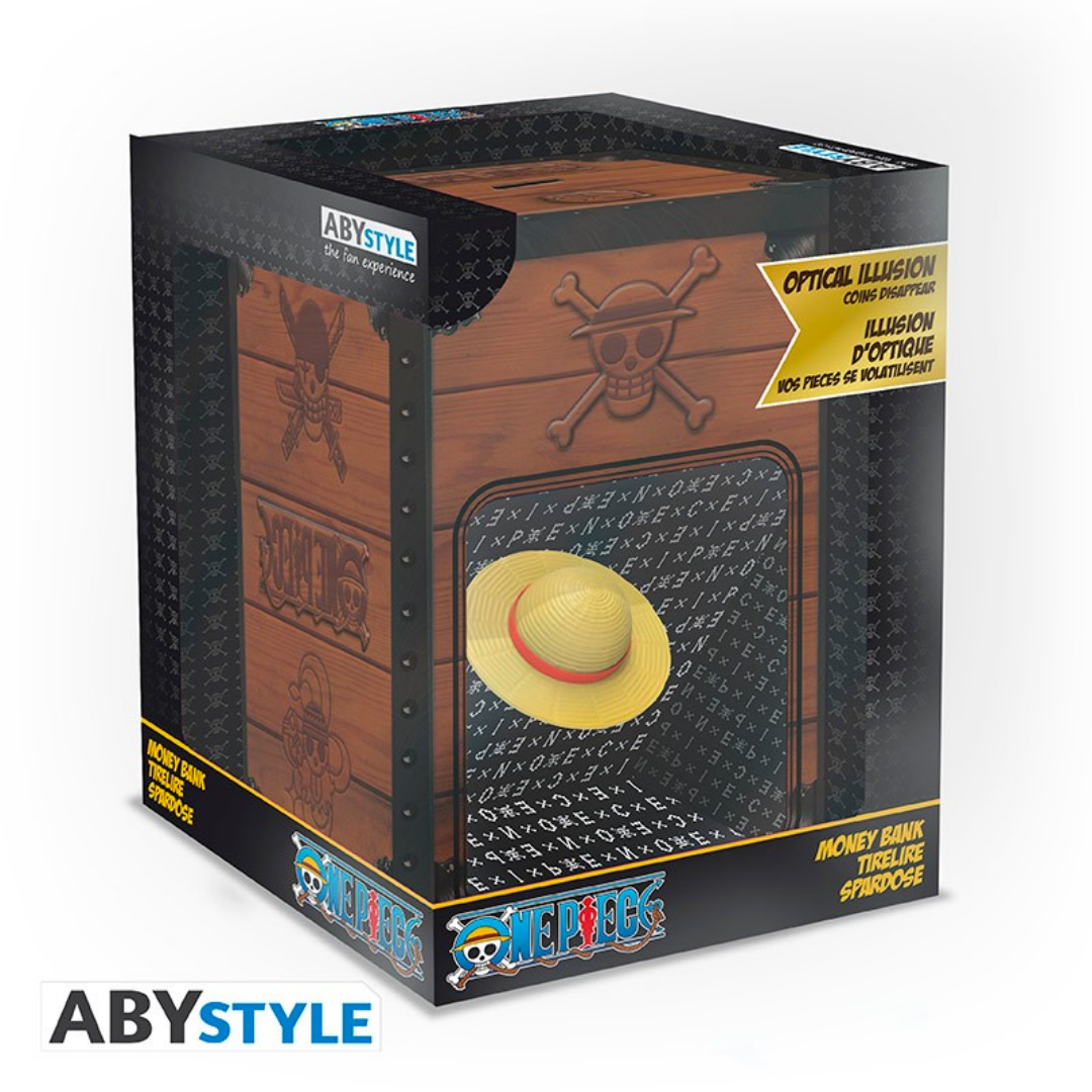 One Piece optical illusion money bank by ABYstyle, featuring Luffy's iconic straw hat and pirate chest design, collectible coin bank in themed packaging.