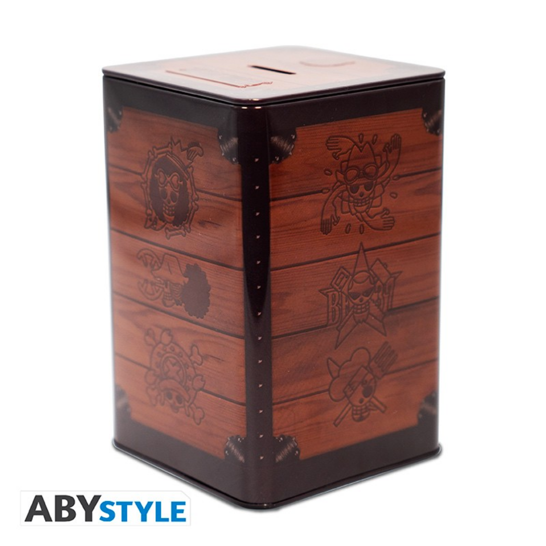 ABYstyle One Piece metal money box with a wood-panel design and engraved Jolly Roger symbols of various pirate crews.
