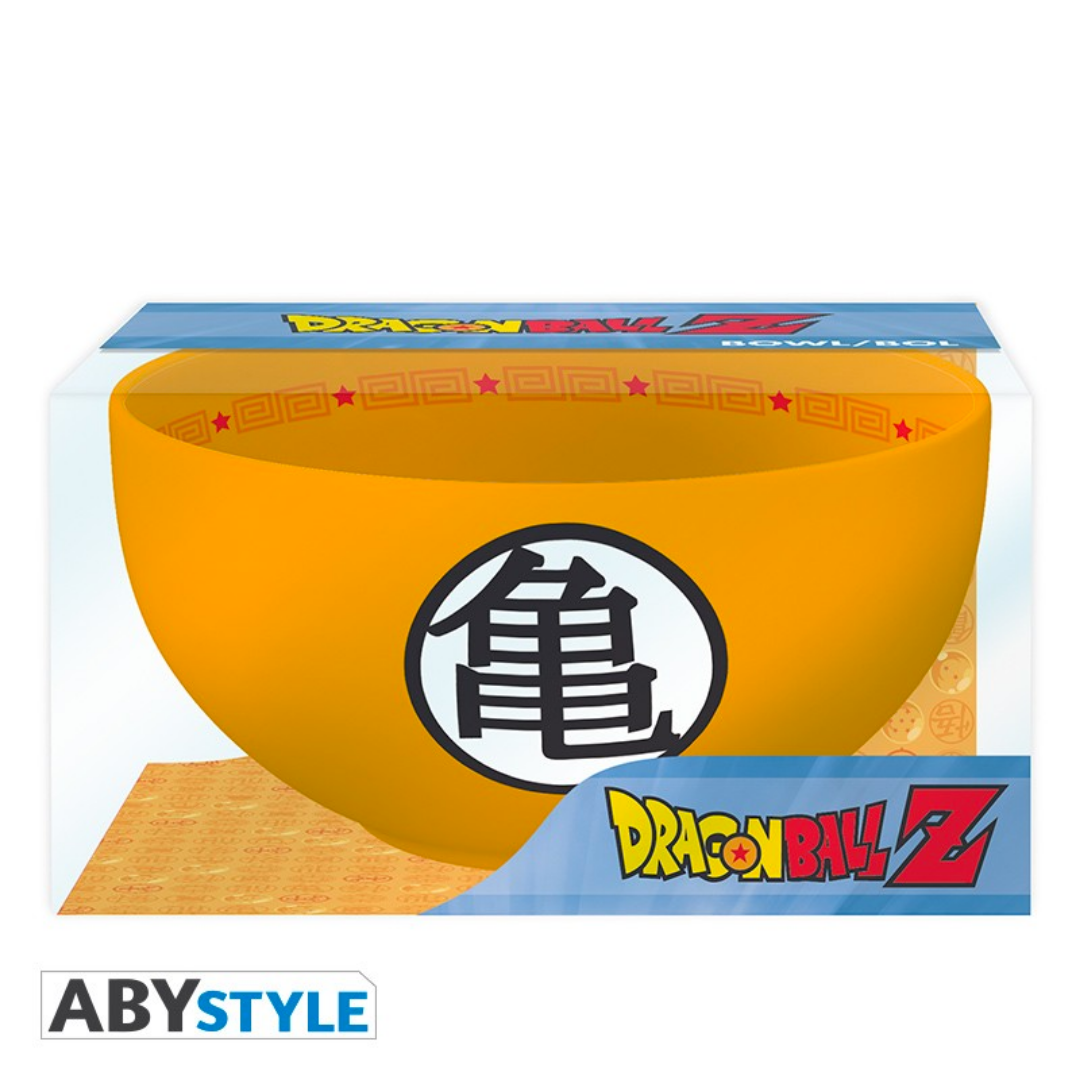 ABYstyle Dragon Ball Z orange bowl featuring the black "gui" kanji symbol on the front, shown in retail packaging with Dragon Ball Z logo and red star pattern along the inner rim.