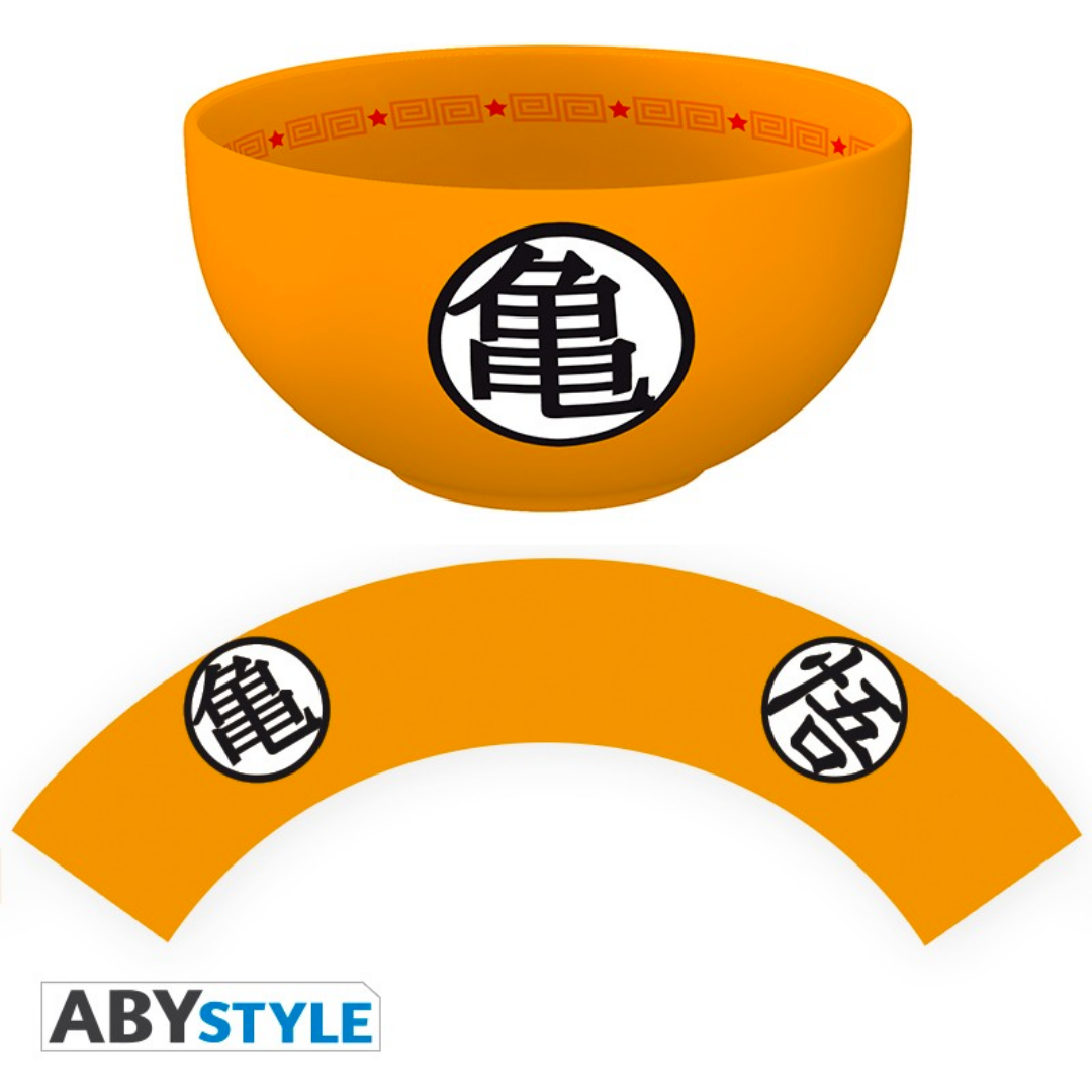 Orange Dragon Ball Z bowl with black kanji symbol "gui" on the front and a paper-like wrap showing both "gui" and "wu" kanji symbols, official ABYstyle anime merchandise.