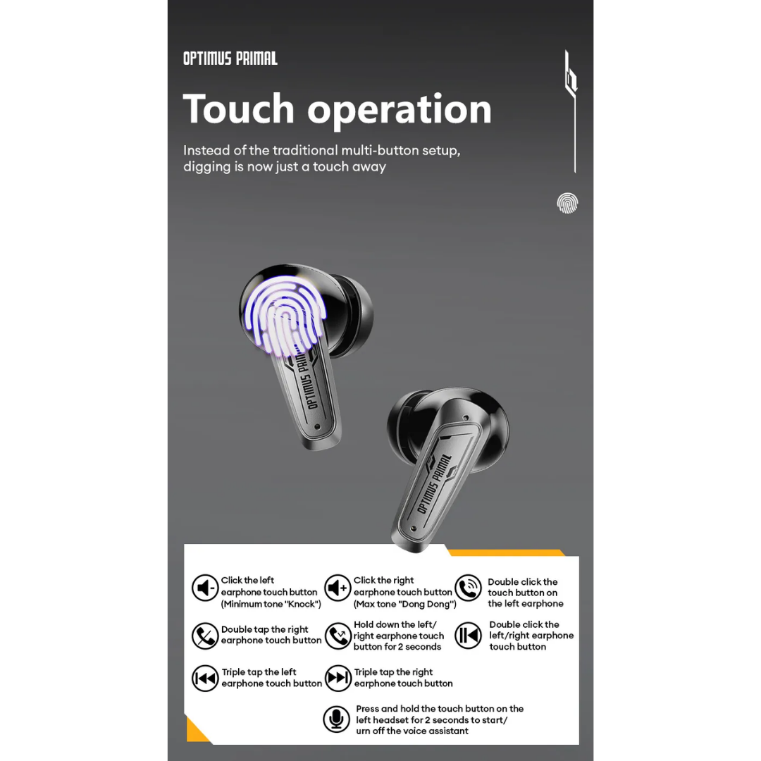 Optimus Primal wireless earbuds packaging with touch operation instructions on a gray background