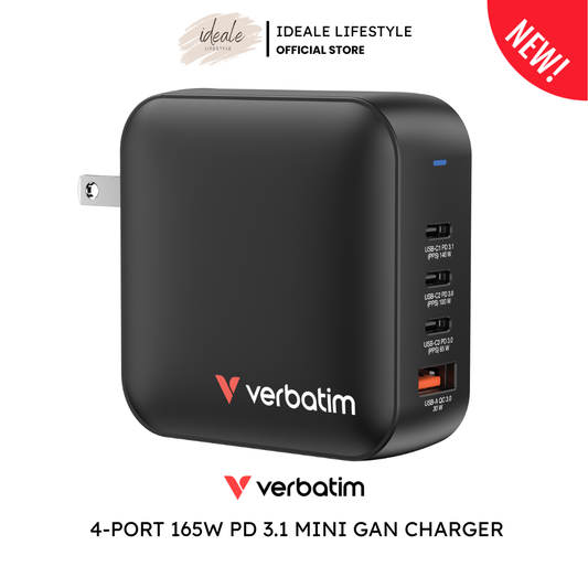 Verbatim 165W 4-port GaN charger showing the 3 USB-C ports and the PD 3.1 140W branding