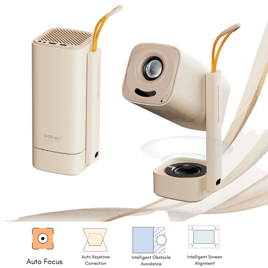 Yaber T1 Pro 1080P Projector in its unibody cylinder design, rotated 90 degrees using the integrated 180-degree gimbal stand.