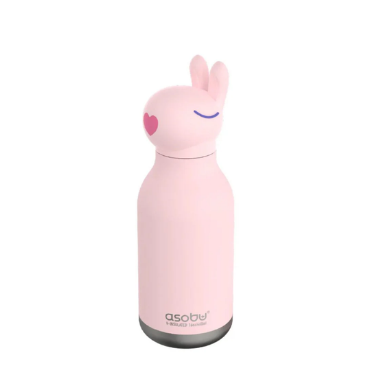 Asobu Bestie Bottle bunny, pink insulated stainless steel water bottle with adorable character head, perfect for kids and everyday use.
