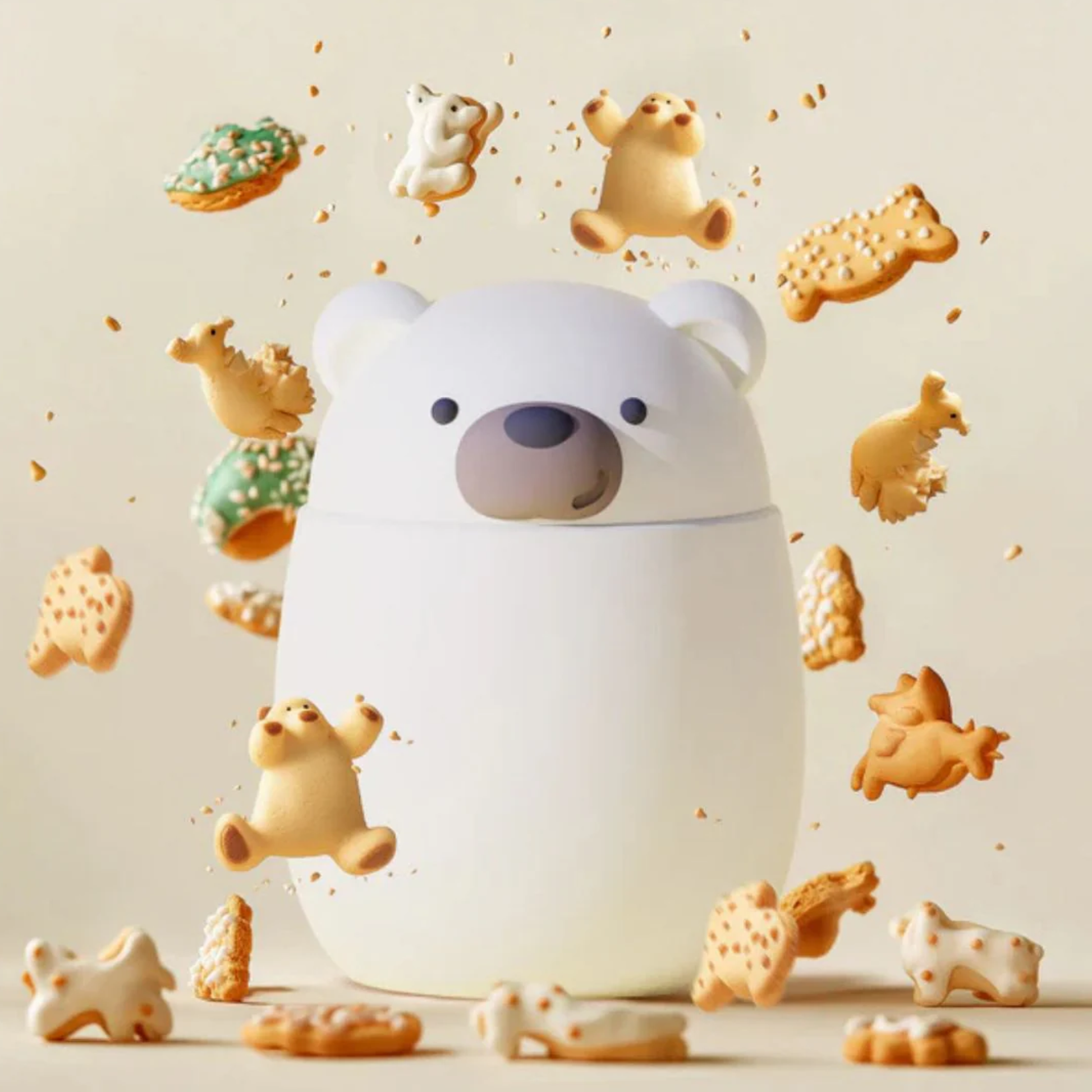 Asobu Bestie vacuum insulated stainless steel food container in bear design, surrounded by playful animal-shaped cookies, 600ml, ideal for kids’ snacks and lunches.