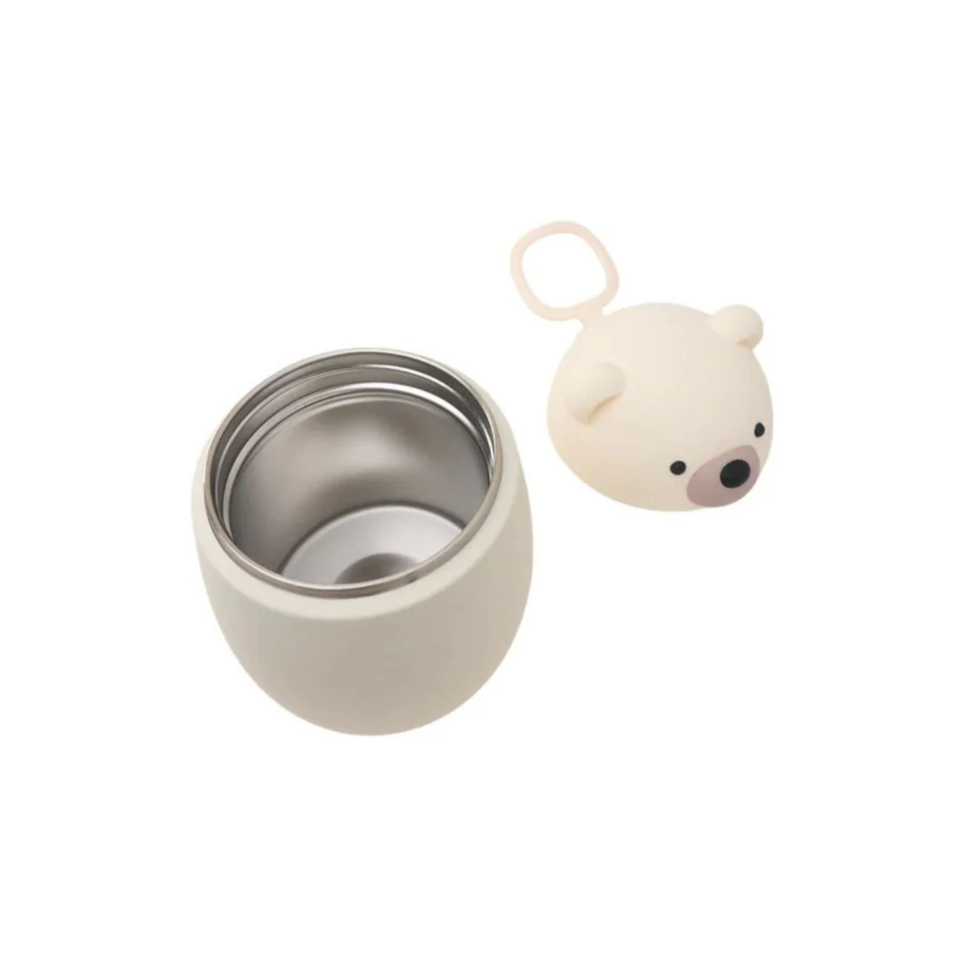 Asobu Bestie vacuum insulated stainless steel food container with detachable bear head lid, 600ml, shown open and ready for filling, ideal for hot or cold meals.