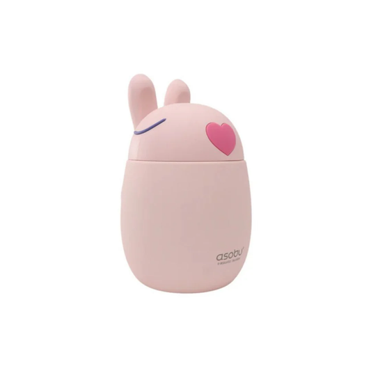 Asobu Bestie vacuum insulated stainless steel food container in cute pink rabbit design with heart detail, 600ml, ideal for kids’ lunches, snacks, and travel.