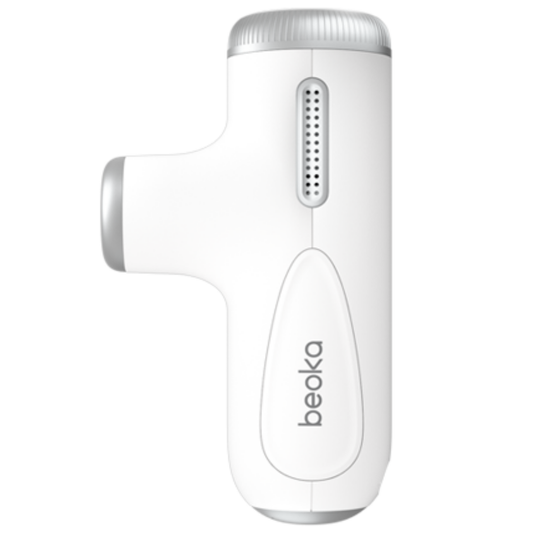 Beoka C1 Max Mini Massage Gun in white, portable deep tissue massager with adjustable amplitude for muscle recovery.