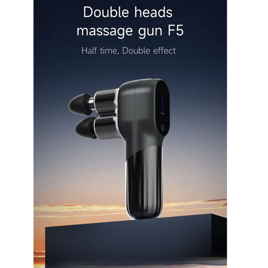 Beoka F5 Double-Head Mini Massage Gun displayed on a platform with a sunset sky background, featuring the text “double heads massage gun F5” and “half time double effect.” The image highlights the massage gun’s dual-head design and innovative features.