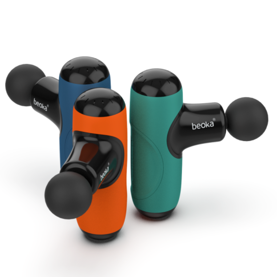 Three Beoka handheld massage guns in orange, teal, and blue, each with a black massage head and ergonomic design, standing upright on a white background.