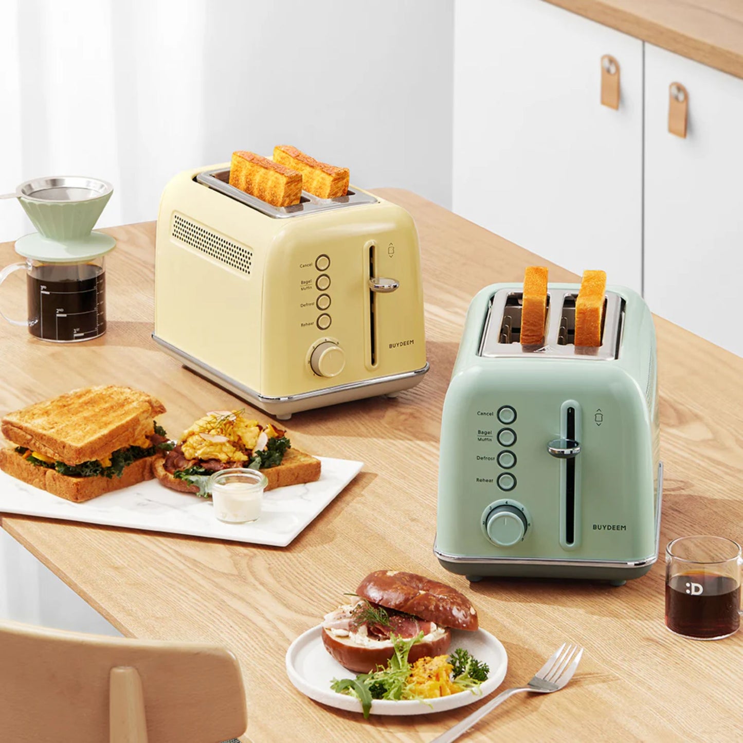 Buydeem 2-Slice Toaster Cozy Greenish and Yellow on breakfast table with toasted bread and gourmet sandwiches