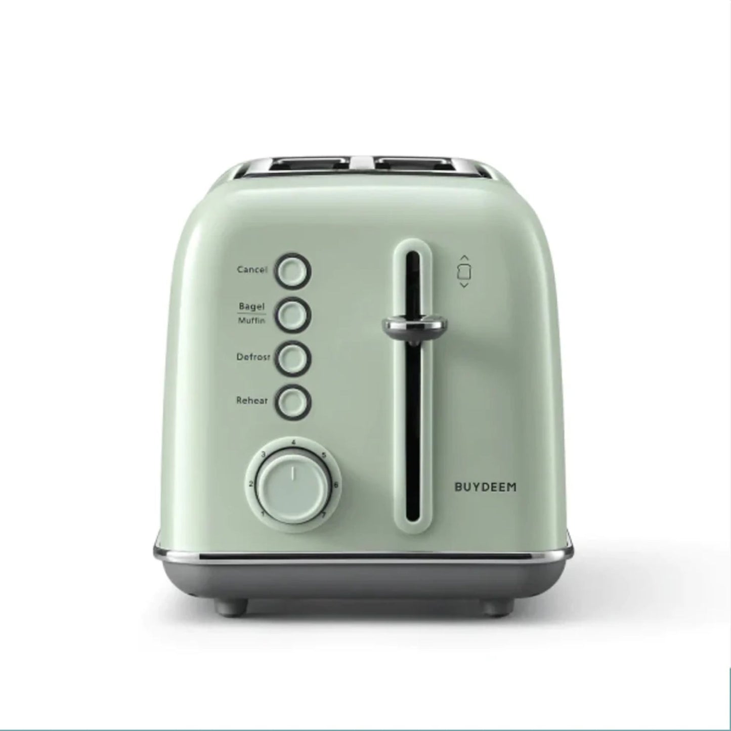 Front view of Buydeem 2-Slice Toaster Cozy Greenish showing bagel, muffin, defrost, reheat buttons and browning control knob