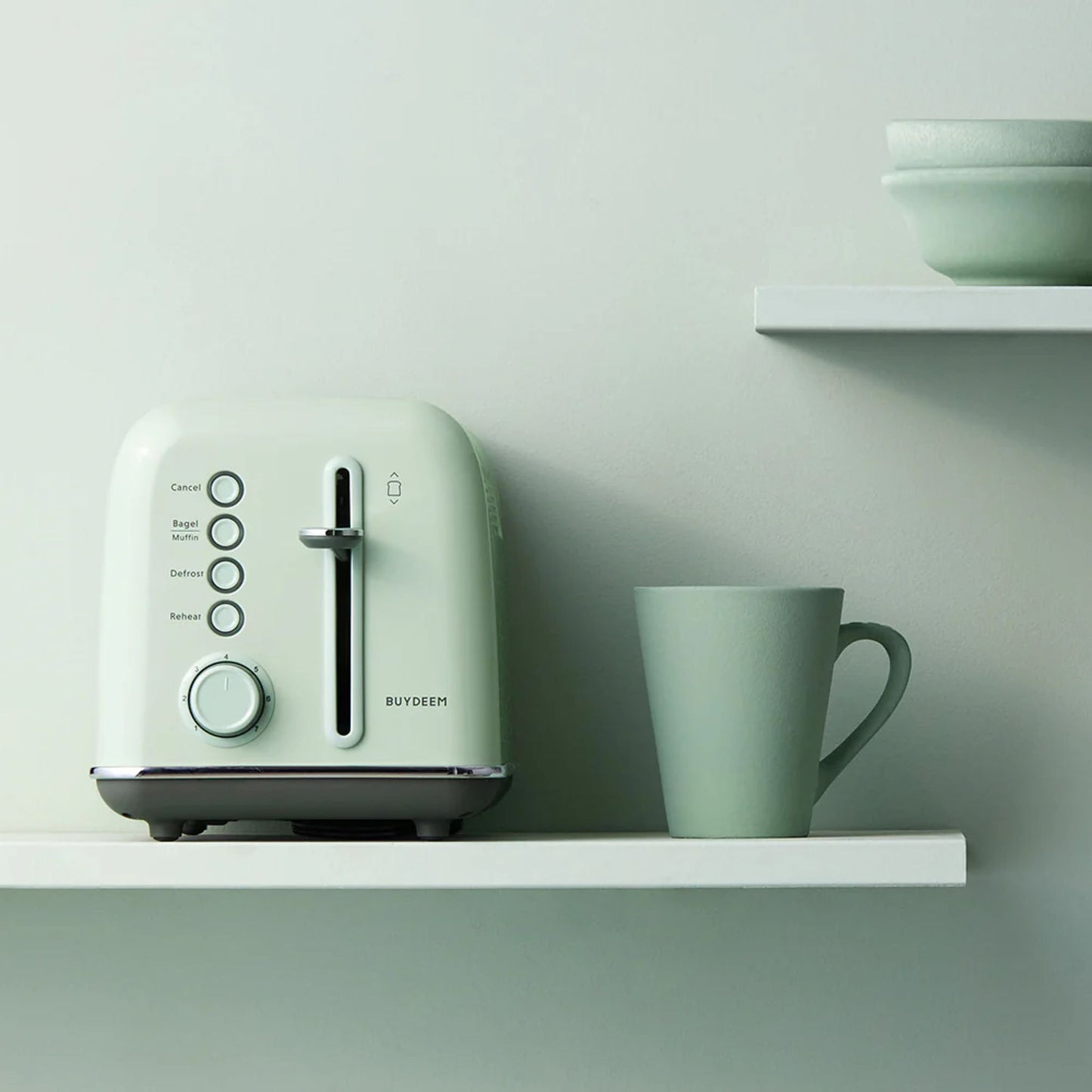 Buydeem 2-Slice Toaster Cozy Greenish on minimalist kitchen shelf with matching ceramic mug and bowls