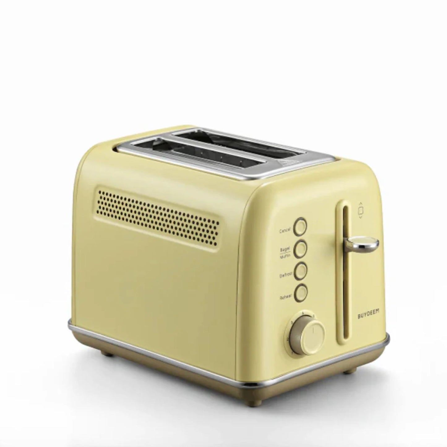 Buydeem 2-Slice Toaster Mellow Yellow – retro-style stainless steel toaster with bagel, muffin, defrost, and reheat controls