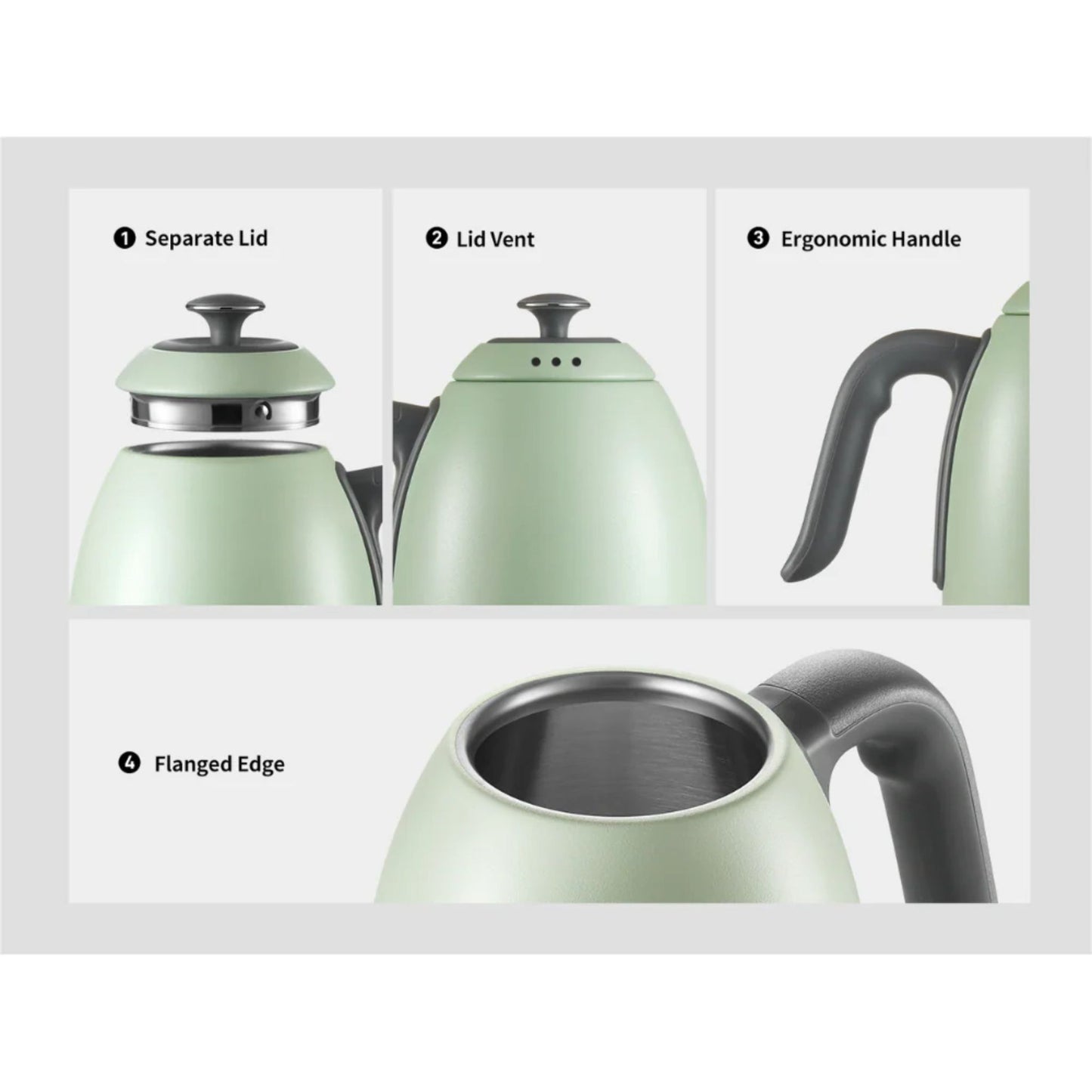 Buydeem electric kettle design features, showing separate lid, vented top, ergonomic handle, and flanged edge, highlighted in close-up detail panels